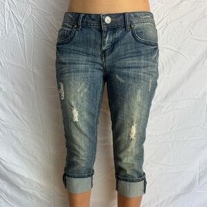 lightly distressed cuffed capri jeans
